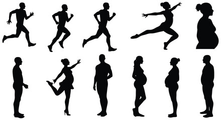 Silhouettes of people running and standing in various poses and styles