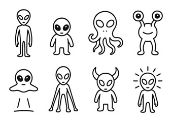 Set of eight unique alien icon designs with various features