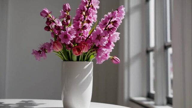 Spring Pink Flowers in Vase in White Interior