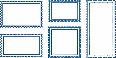 Collection of five blue postage stamp frames with scalloped edges on a white background