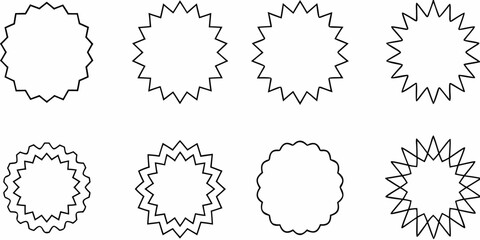 Collection of eight unique starburst and jagged circle graphic elements on a white background