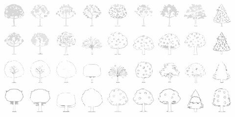 Collection of stylized hand drawn trees in various shapes and styles on a white background