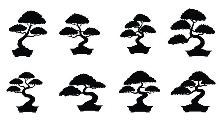 Eight black silhouettes of bonsai trees on white background