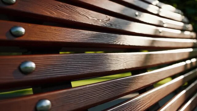 Close-up view of brown wooden seat in recreational park, highlighting the texture of the timber. Unoccupied seating during the summer season in park.