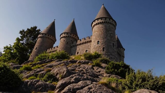 grand medieval castle constructed from stone featuring numerous pointed towers situated on forested hill under blue sky
