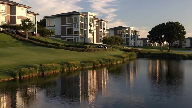 Golf course condominium residences situated beside tranquil lake
