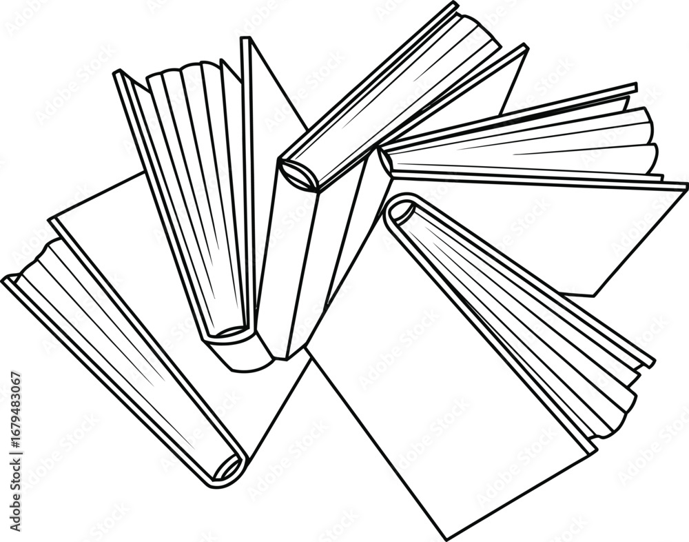 Poster circular arrangement of open and closed books in a sketch style