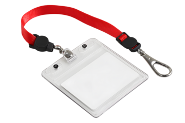 transparent name tag with red lanyard  isolated on white background