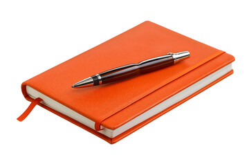 vibrant orange notebook with pen  isolated on white background