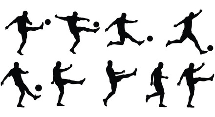 Silhouette of soccer players in various kicking and running poses on white background