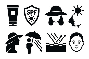 Sun protection symbols: spf, hats, umbrellas, and skincare icons on dark background