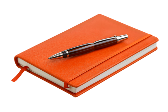 vibrant orange notebook with pen  isolated on white background
