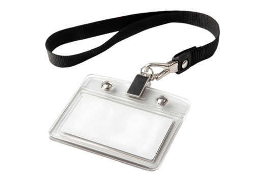  clear plastic name badge with black lanyard  isolated on white background