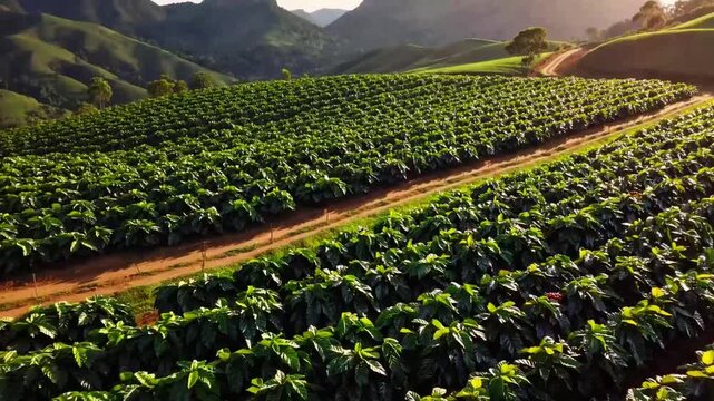 Rows upon rows of coffee plant plantations, specifically showcasing Brazilian Mineiro coffee cultivated in the Minas Gerais region