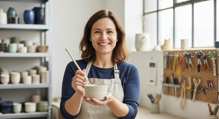 A happy female potter stands proudly in her creative ceramic studio a perfect image of a successful small business owner and a skilled artisan at work in her workshop