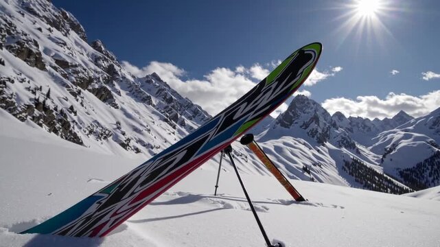 Winter sports equipment consisting of snowboard and skis partially buried in snow with mountainous terrain in the distance