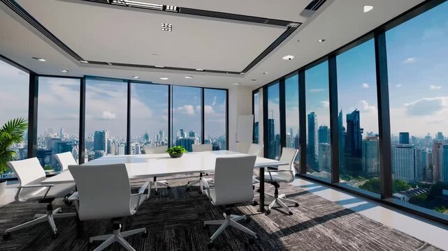 Contemporary corporate conference room interior design featuring large table with chairs and expansive window view