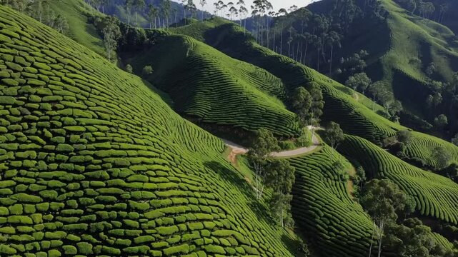 Aerial Drone View of Scenery Road Through Green Mountains Hills and Tea Plantations. Sri Lanka Natural Landscape.