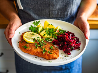 Woman holding plate with breaded chicken breast with boiled potatoes and beets, close-up	