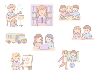 This illustration set features various cute school-themed cartoon scenes, including children reading, painting, playing music, experimenting, cooking, riding a school bus, using a laptop, and playing 