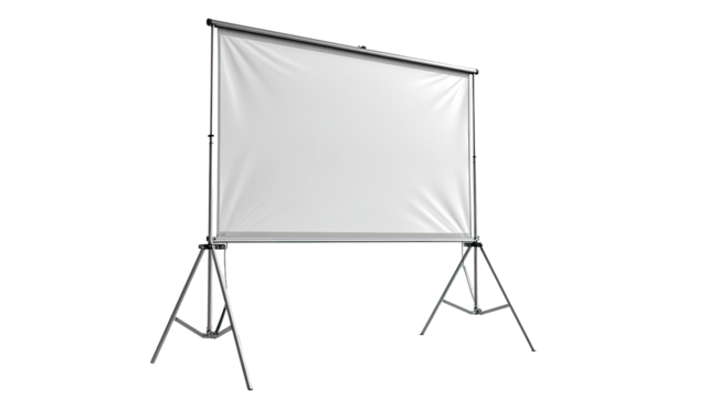 Portable projection screen with white fabric surface and metal stand