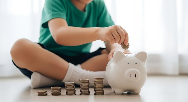 Child depositing coin into piggy bank for financial savings and investment future planning - Powered by Adobe