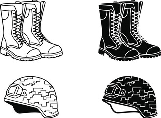 Pair of military combat boots and two helmets with camouflage patterns