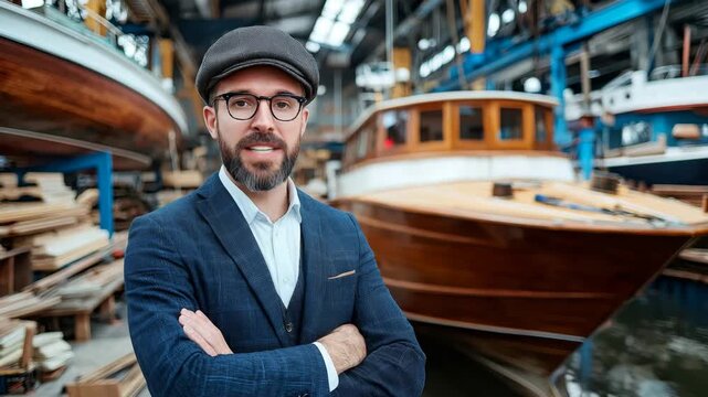 Experienced shipbuilder poses confidently in boatyard filled with wooden vessels during daylight