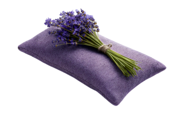 purple pillow with bundle of lavender on top isolated on white background