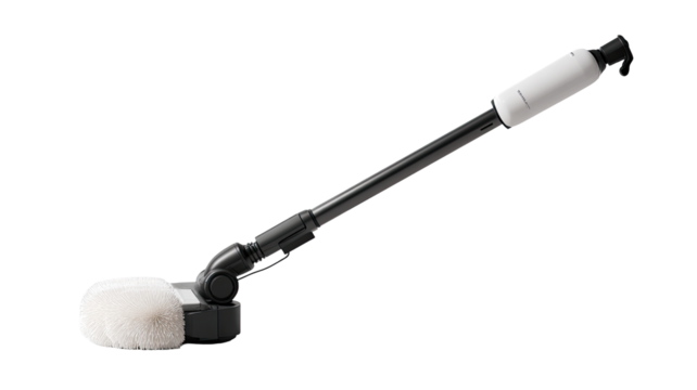 Long-handled cleaning brush with a fluffy head.  The brush is black and white, with a flexible joint allowing for varied angles