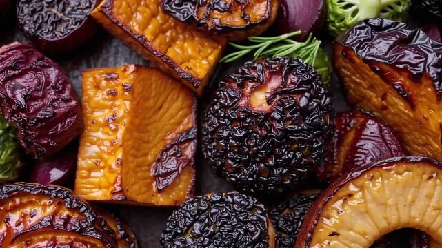 Full background of roasted autumn vegetables Full background of colorful roasted autumn vegetables, above view