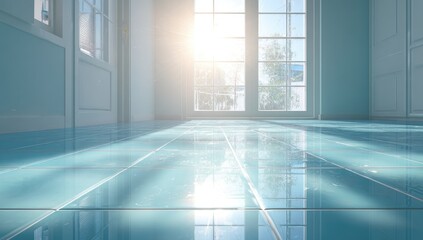 Fototapeta premium Sunlight streams into a light teal-colored room, highlighting glossy tile floor