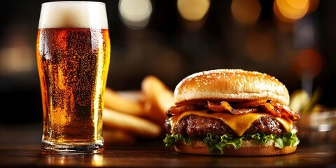 beer and burgers on wooden table. Ale with ground meat patty on lumber surface pub fare refreshment nourishment rustic beverage meal timber gastronomy still life foodstuff