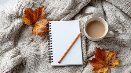 Autumnal cozy scene with notebook and coffee