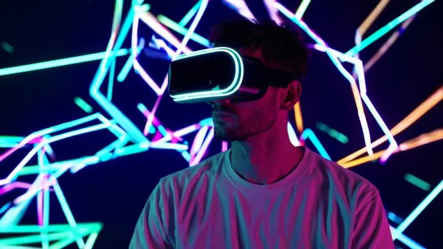 Male subject utilizing immersive head-mounted display technology exploring simulated environment
