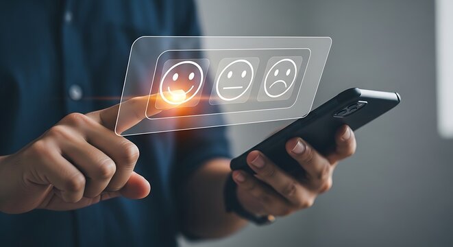 Customer satisfaction survey feedback selection on mobile device with positive happy face icon illuminated