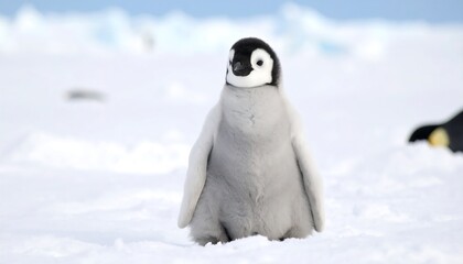 Adorable penguin chick on snowy Antarctic ice