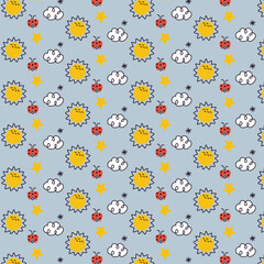 Seamless Pattern with Happy Nature Doodles