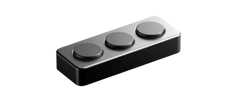 Dark gray rectangular block with three round buttons