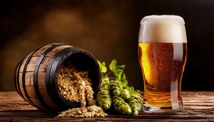 Beer Mug With Wheat And Hops In Cellar With Barrel . Ale tankard having grain alongside cone in vault including cask brewery concept vintage beverage refreshment alcoholic drink