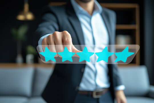 Businessman providing a five star feedback rating through a virtual touch screen interface, reflecting satisfaction with quality service and positive customer experience in digital marketing