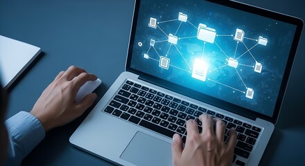 Obraz premium Data Management and Connectivity on Laptop Screen Conceptualizing Cloud Network Storage Solution