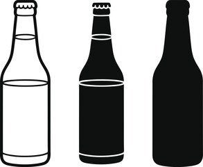 Three stylized glass bottles for beverages including beer and water