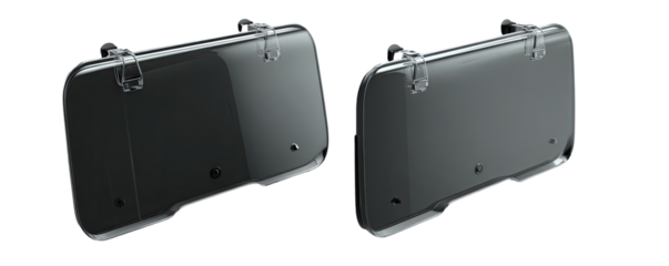 Two dark gray, rectangular, clear-front protective covers