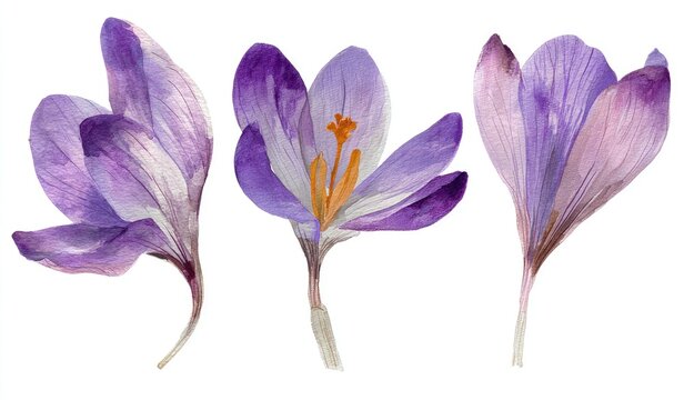 Three dried crocus blossoms,  lavender-purple hues,  isolated on white