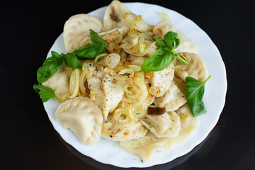 A plate of dumplings decorated with fried onions and herbs