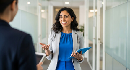 A confident businesswoman discusses a project with a colleague in a modern office a perfect image of professional leadership corporate communication and teamwork