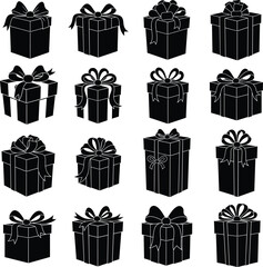 Collection of gift box silhouettes with decorative ribbons, present icons, holiday packaging, celebration, surprise, black and white, various styles, isolated on white background