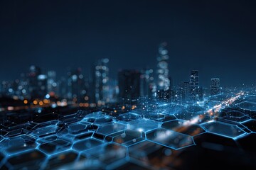 Night city, overlaid with digital hex mesh