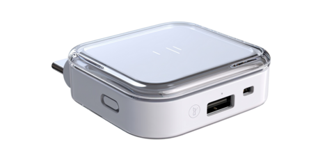 White, square, compact device with transparent protective casing.  USB port visible.  Angled perspective